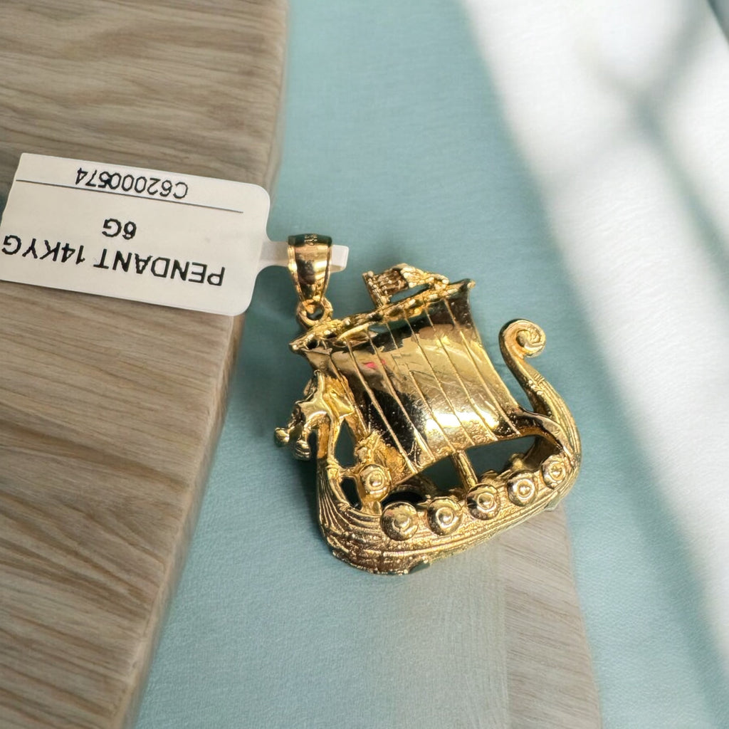14K Yellow Gold Viking Ship Pendant – 6 Grams | Norse Warrior Longship Design