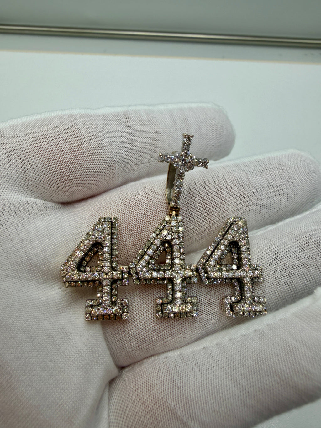 10K White Gold “444” Pendant with Diamond Accents – 18.4g