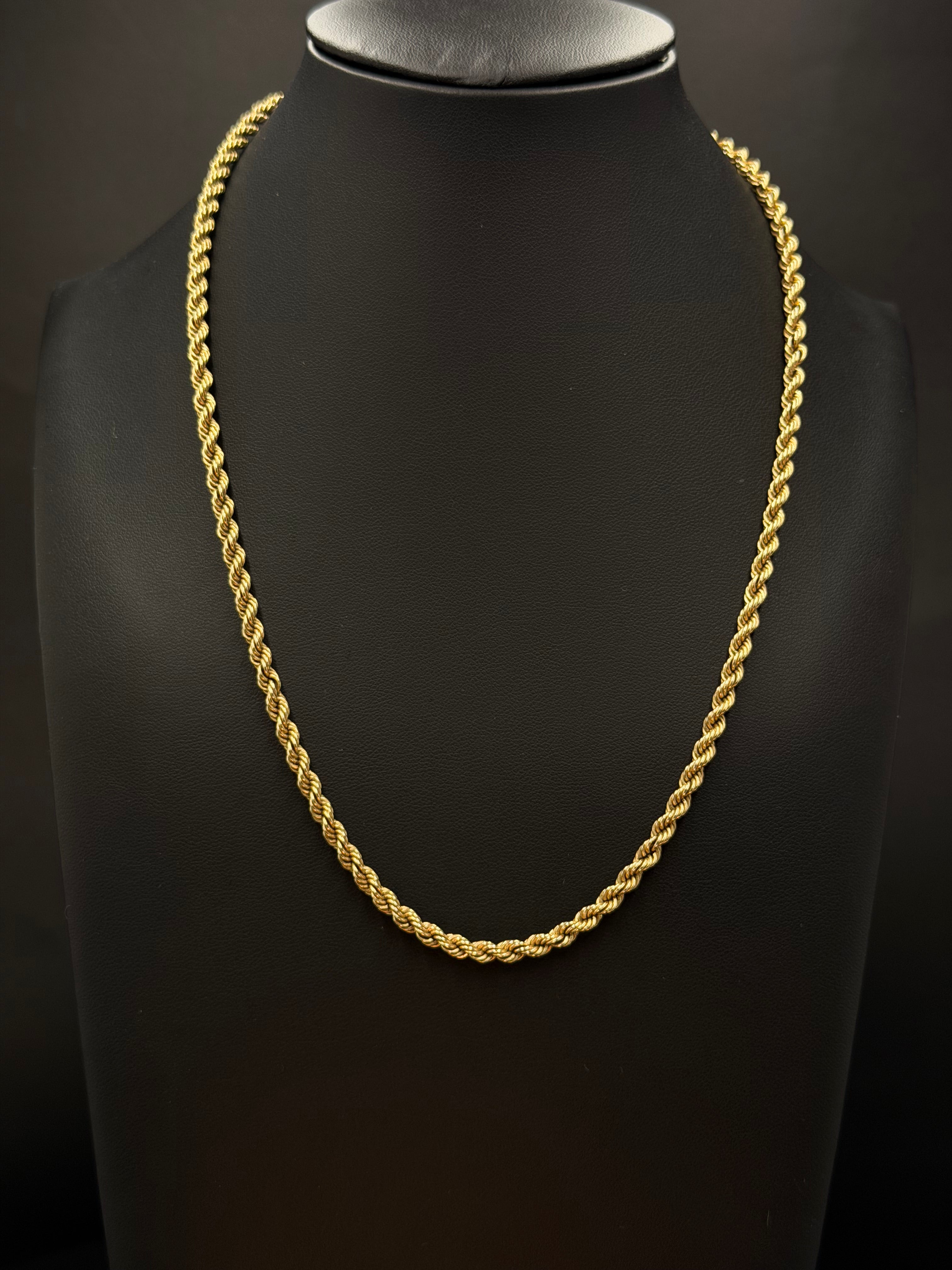 10K yellow gold rope chain measuring 18 inches long and 3.5mm wide, weighing 22.7 grams, displayed on a black jewelry bust.