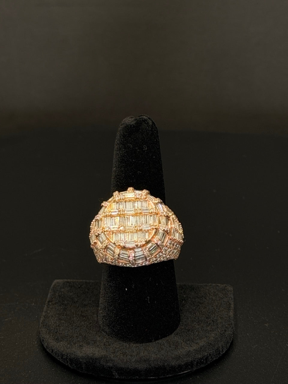 Bold 10K Rose Gold Simulant Cluster Ring weighing 16.2 grams. Size 9 men’s statement ring featuring a large baguette-style cluster design. Acima Financing Available.