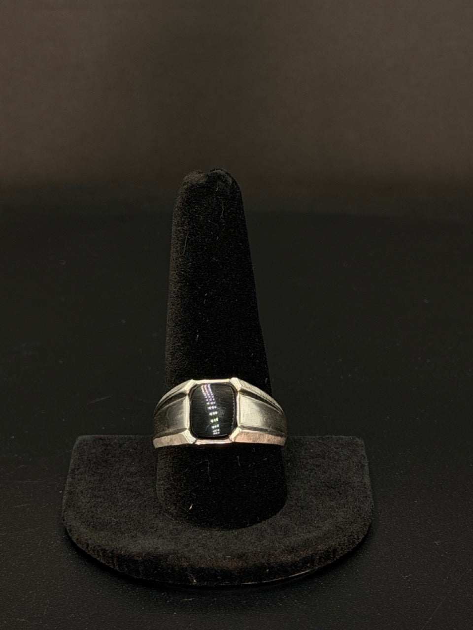 Classic 10K White Gold Black Onyx Ring weighing 4.2 grams. Size 11 signet-style ring with a sleek black onyx centerpiece. Acima Financing Available.