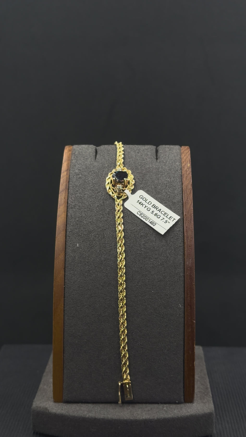 14K Gold Rope Bracelet with Sapphire-Colored Center Stone – 5.6 Grams | 7.5 Inches