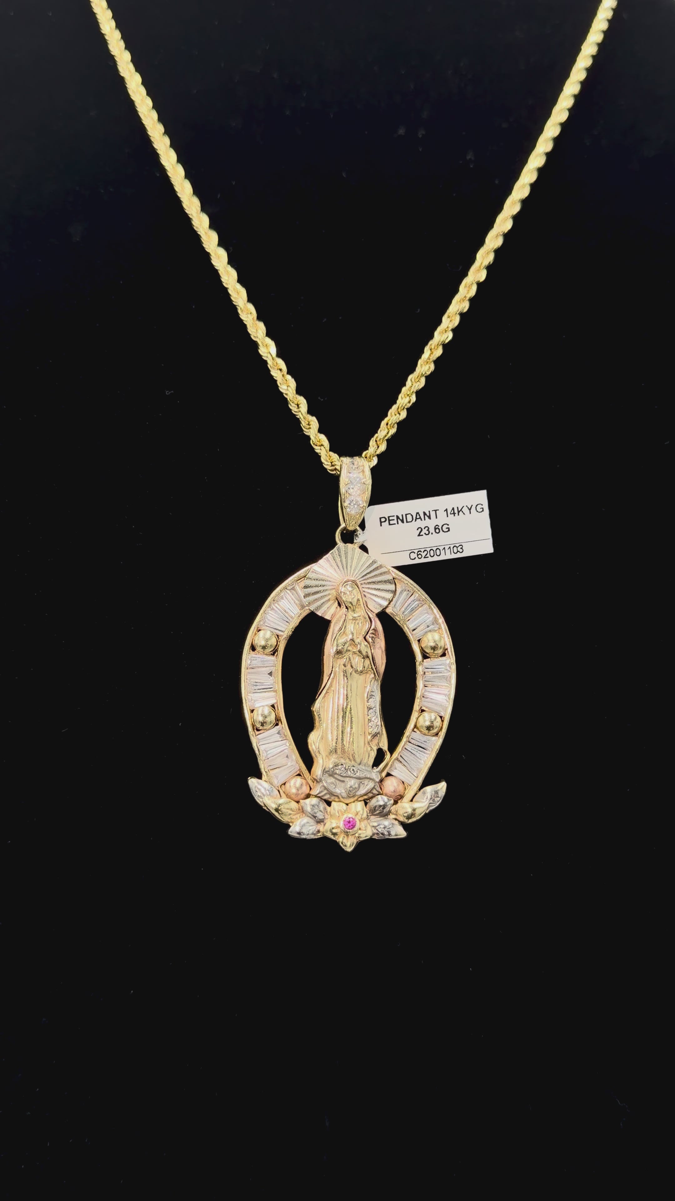 14K Gold Virgin Mary Pendant with Baguette Stones