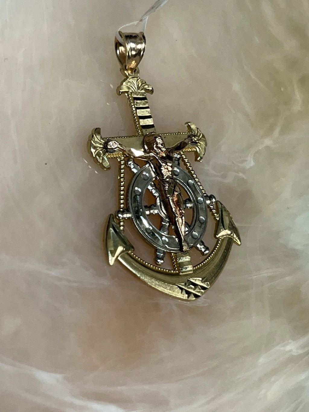 10K  Yellow ,White  & Rose Gold Jesus Crucifix Anchor Pendant (3.2g)