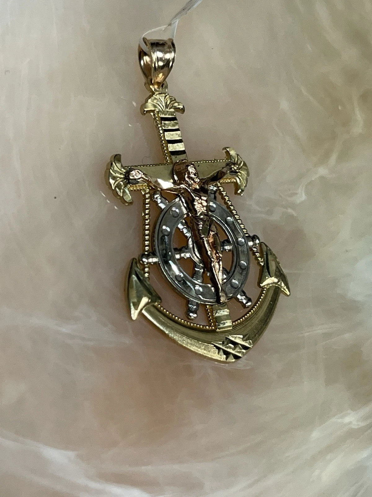 10K  Yellow ,White  & Rose Gold Jesus Crucifix Anchor Pendant (3.2g)