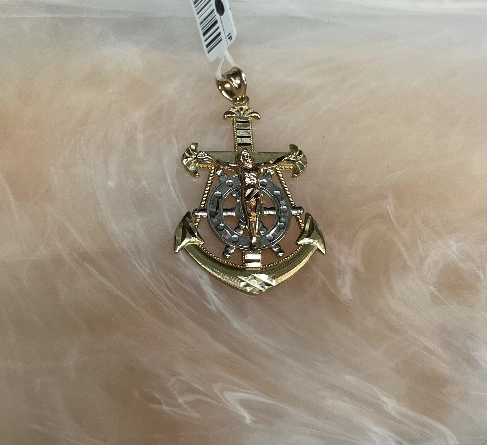 10K  Yellow ,White  & Rose Gold Jesus Crucifix Anchor Pendant (3.2g)