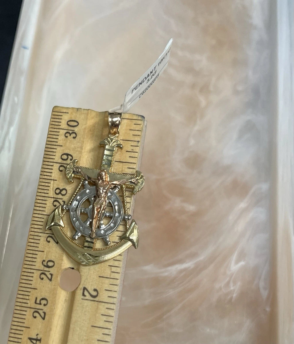 10K  Yellow ,White  & Rose Gold Jesus Crucifix Anchor Pendant (3.2g)