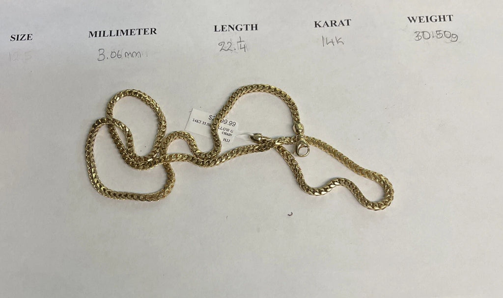 14K Yellow Gold Franco Chain Hollow 22.0 Inches long