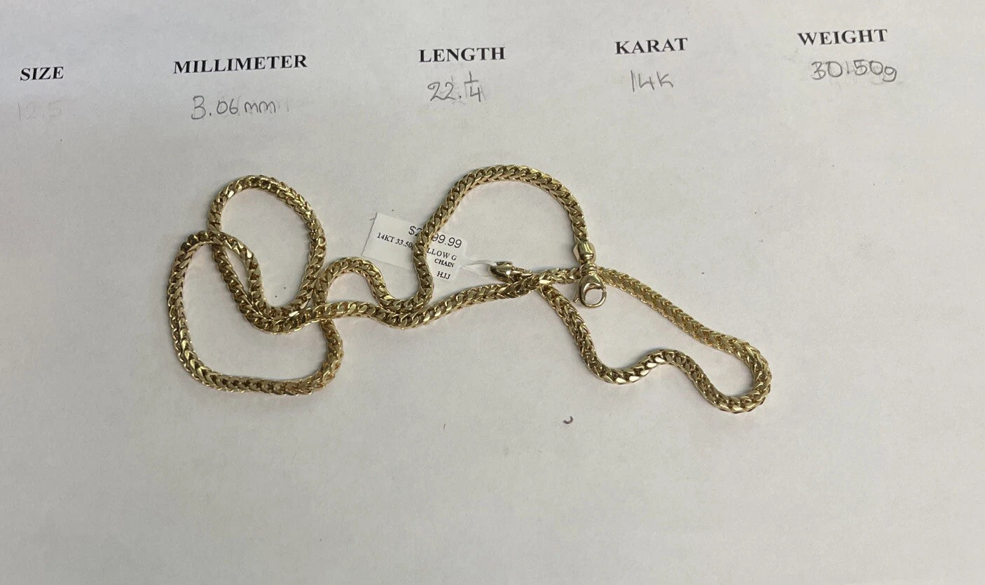 14K Yellow Gold Franco Chain Hollow 22.0 Inches long