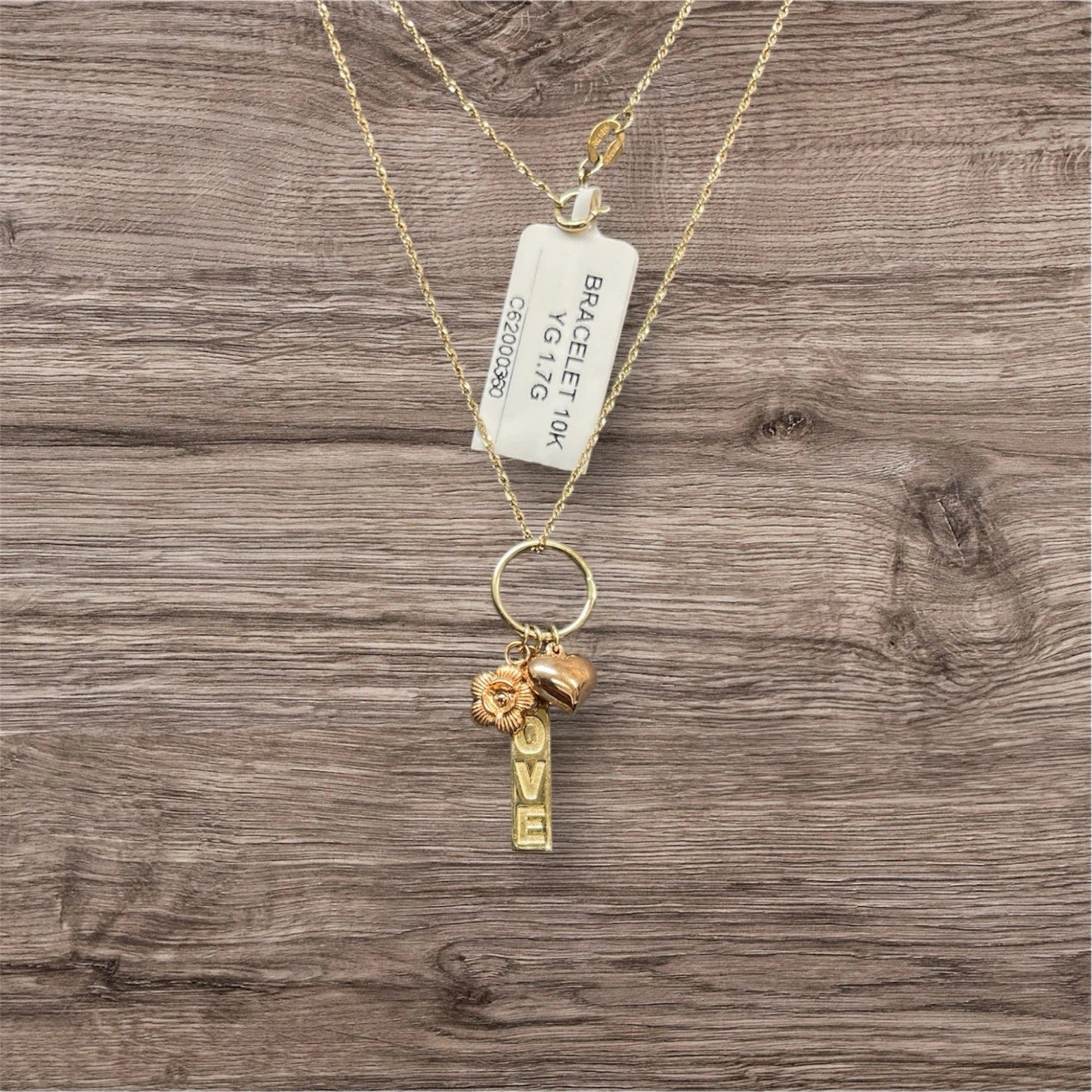 Women’s 10K Yellow Gold Chain with Love & Heart Charms – 1.7g