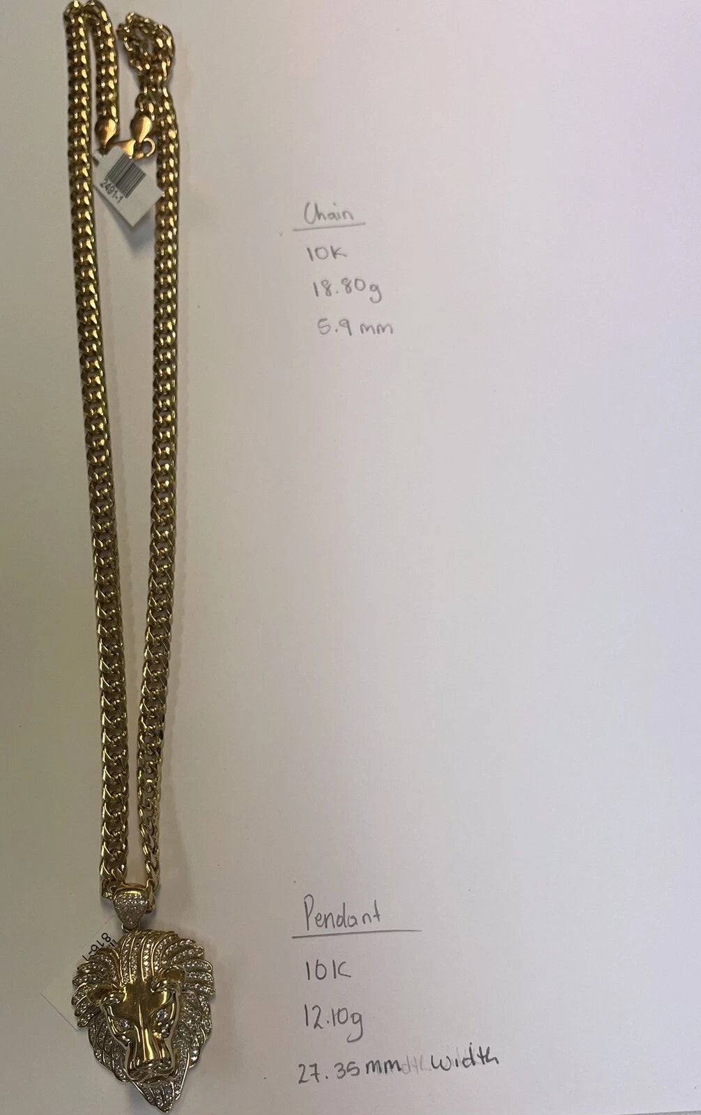 10K Yellow Gold Cuban Chain + Lion Head Pendant Set – 22.25” Chain – 30.90g Total Weight