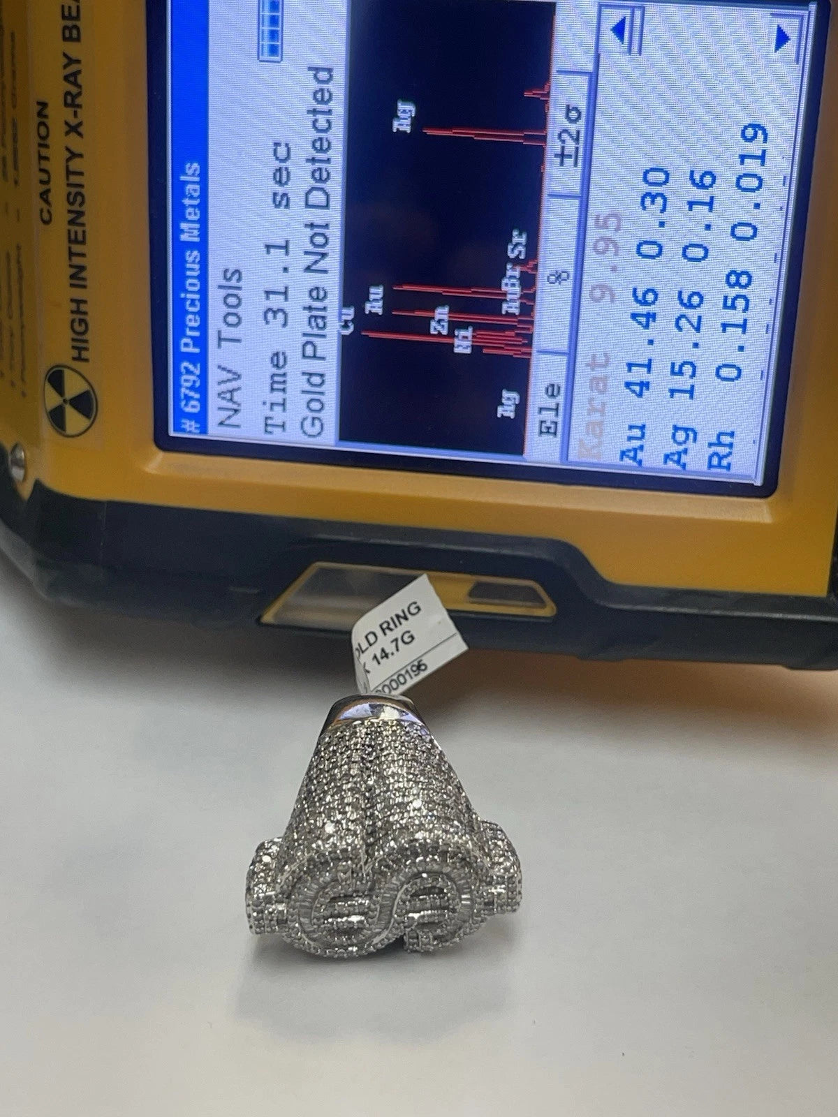 9.95K White Gold Mossanite 14.7g  Size 6.5 (22.27mm)